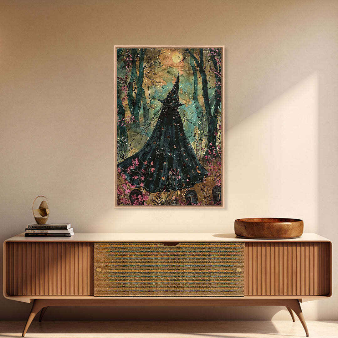Halloween Witch in Dark Forest, Framed Canvas Print, Wall Art, Living Room Decor, Spooky, Witch Art, Original Painting, Home Decor