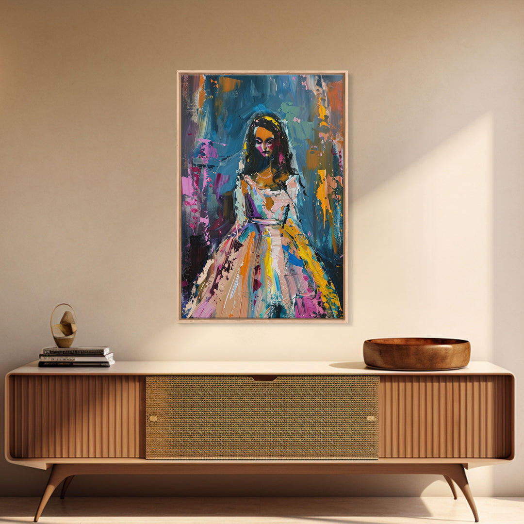 Halloween Bride with Colorful Dress, Framed Canvas Print, Wall Art, Living Room Decor, Spooky, Bride Art, Original Painting, Home Decor