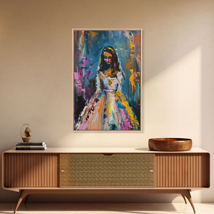 Halloween Bride with Colorful Dress, Framed Canvas Print, Wall Art, Living Room Decor, Spooky, Bride Art, Original Painting, Home Decor