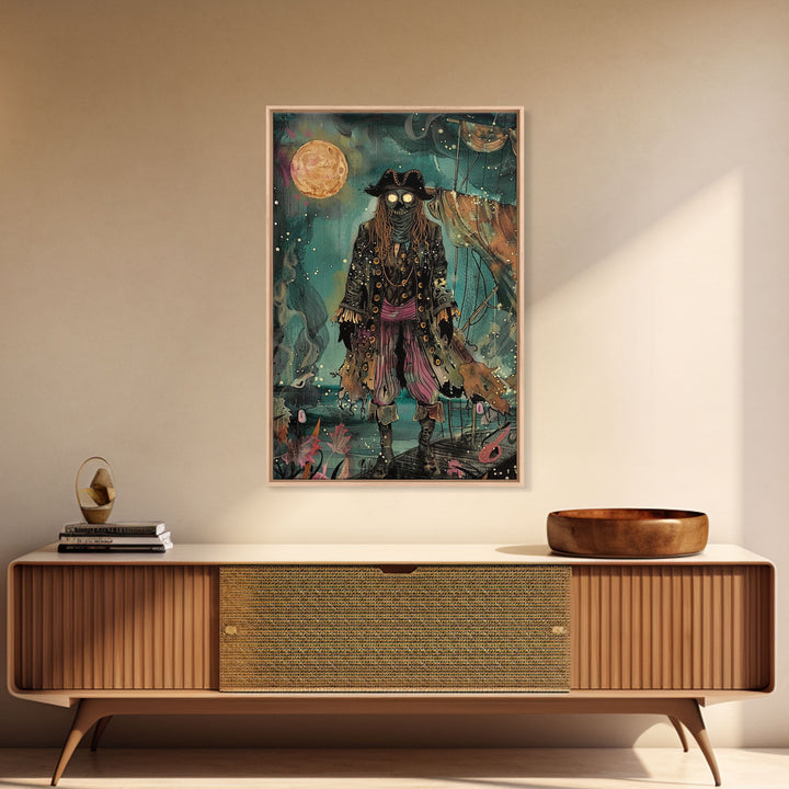 Halloween Ghost Pirate Under Full Moon Framed Canvas Print, Spooky Decor, Living Room Art, Nautical Halloween Wall Art, Home Decoration