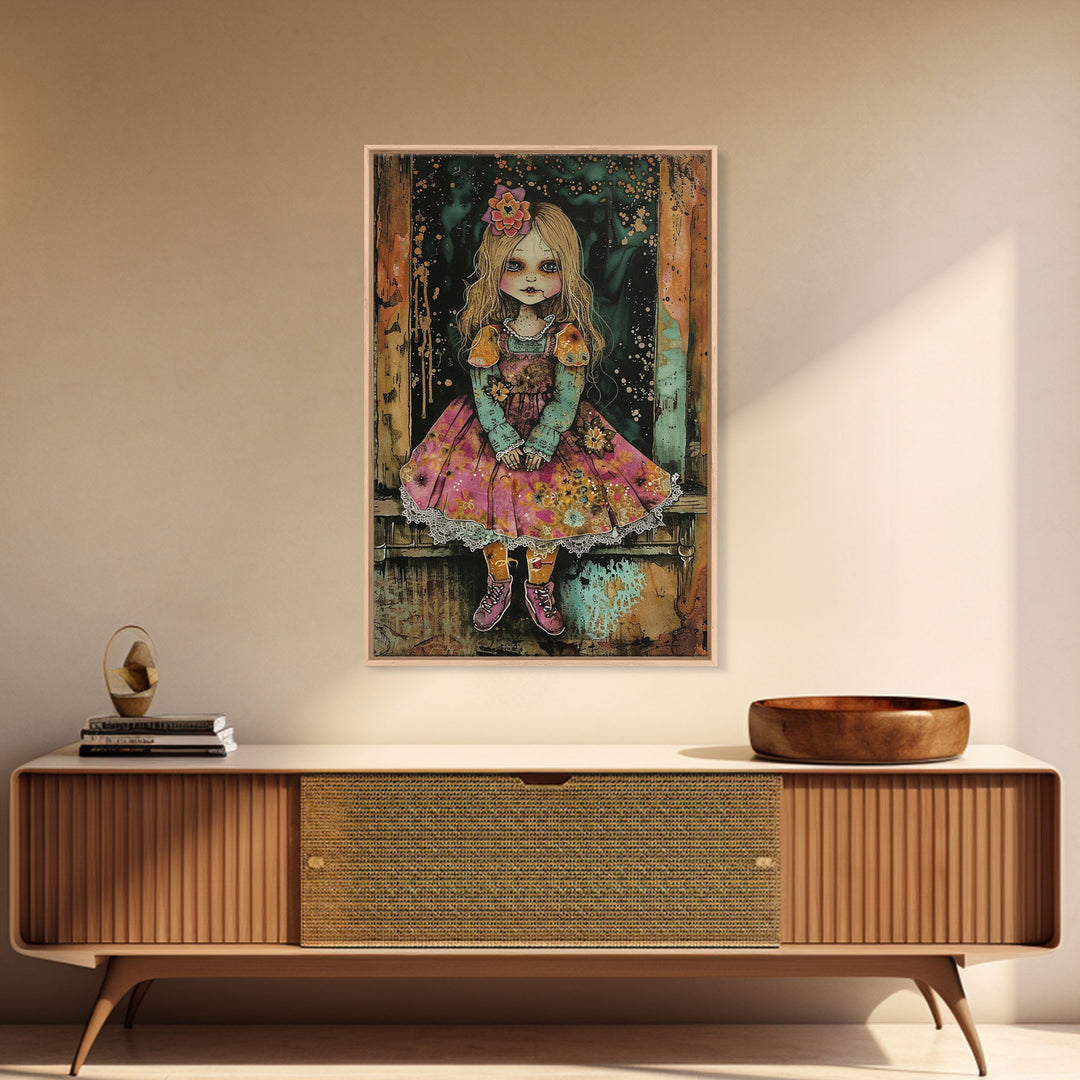 Halloween Witch in Forest Framed Canvas Print, Spooky Decor, Living Room Art, Whimsical Halloween Wall Art, Home Decoration, Retro Style Art