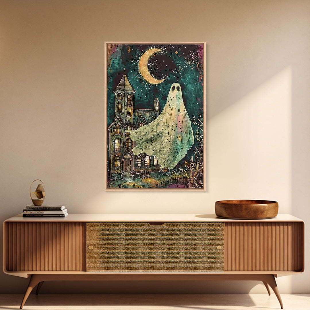Halloween Ghost with Colorful Background, Framed Canvas Print, Wall Art, Spooky Decor, Halloween Decoration, Living Room Art, Unique Gift