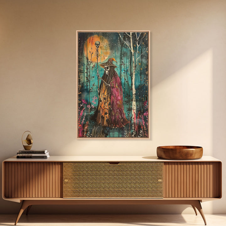 Halloween Skeleton with Spider Webs, Framed Canvas Print, Wall Art, Spooky Decor, Halloween Decoration, Living Room Art, Unique Gift