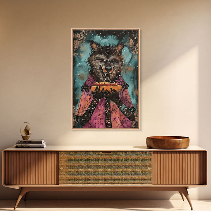 Halloween Werewolf with Hotdog, Framed Canvas Print, Wall Art, Home Decor, Spooky Artwork, Monster Decor, Halloween Decor, Funny Halloween