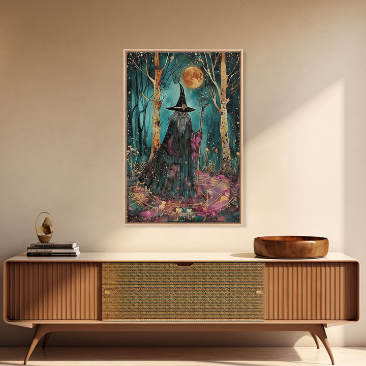 Halloween Wizard in Forest, Framed Canvas Print, Wall Art, Home Decor, Spooky Artwork, Magic Decor, Halloween Decor Painting, Holiday Decor