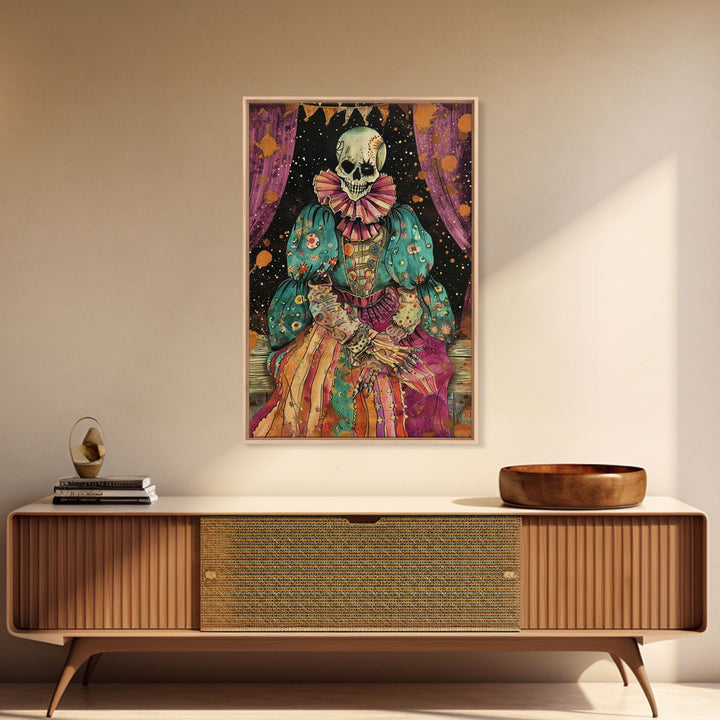 Creepy Skeleton Clown Framed Canvas Print, Cottagecore Halloween Mashup, Spooky Vibes Halloween Decor