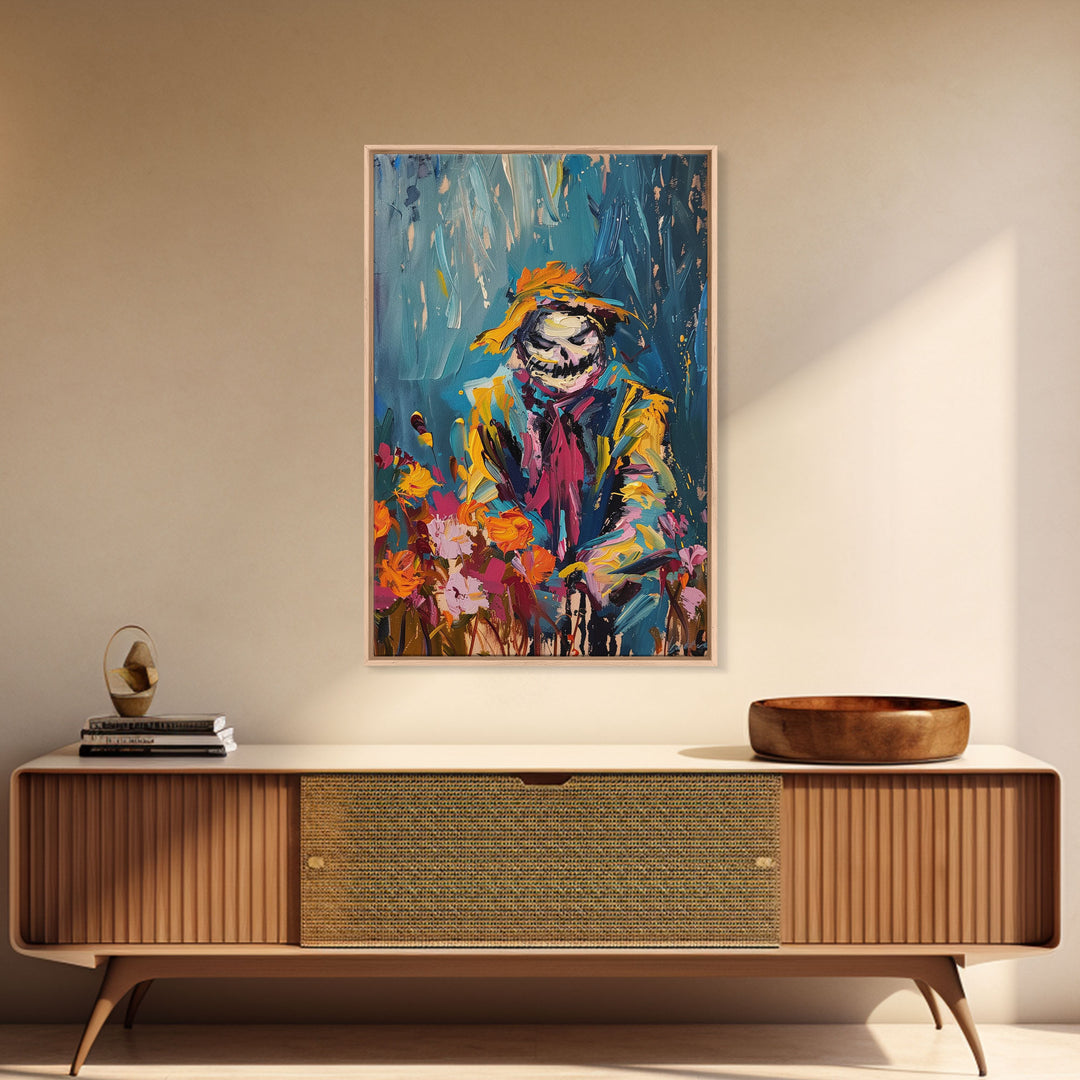 Colorful Scarecrow in Flower Field Framed Canvas Print | Halloween Art | Whimsical Spooky Art | Playful Scarecrow Art for Home Decor