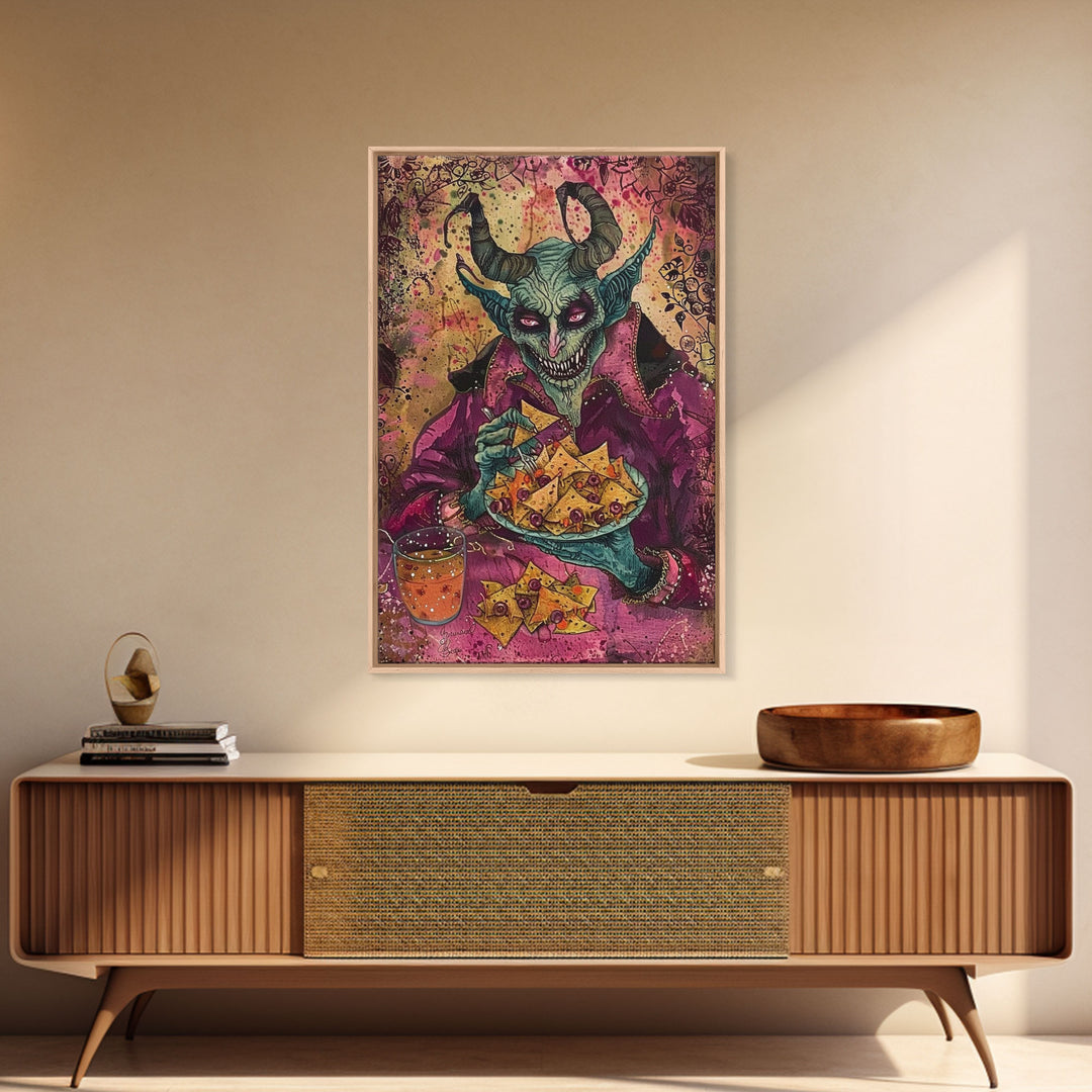 Spooky Demon Eating Chips Framed Canvas Print, Halloween Art, Unique Wall Art, Creepy Home Decor, Scary Art, Spooky Living Room Decor