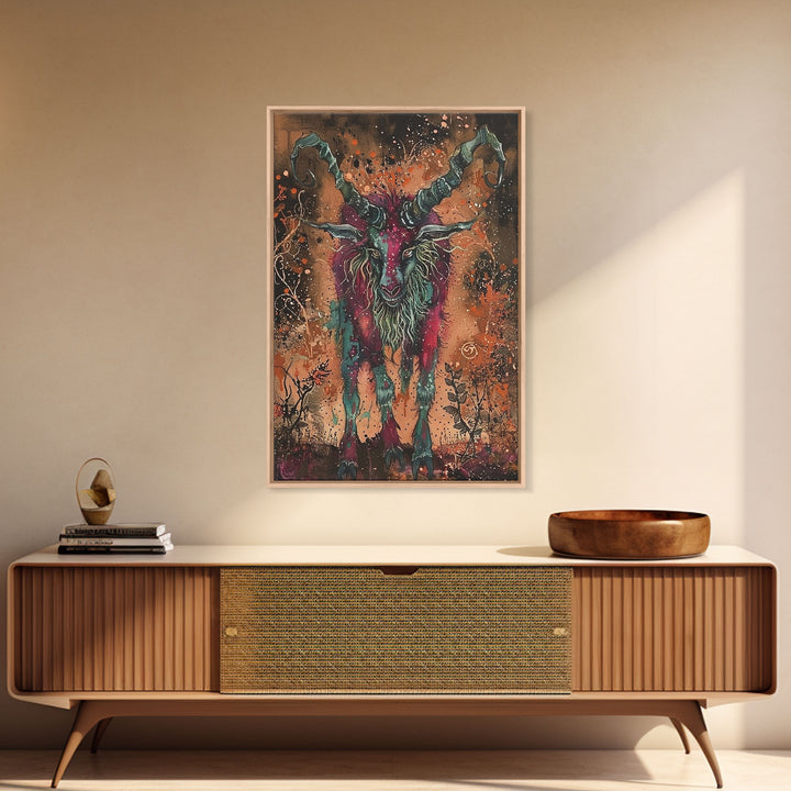 Mysterious Goat Demon Framed Canvas Print, Halloween Art, Unique Wall Art, Spooky Home Decor, Scary Art, Eerie Living Room Decor