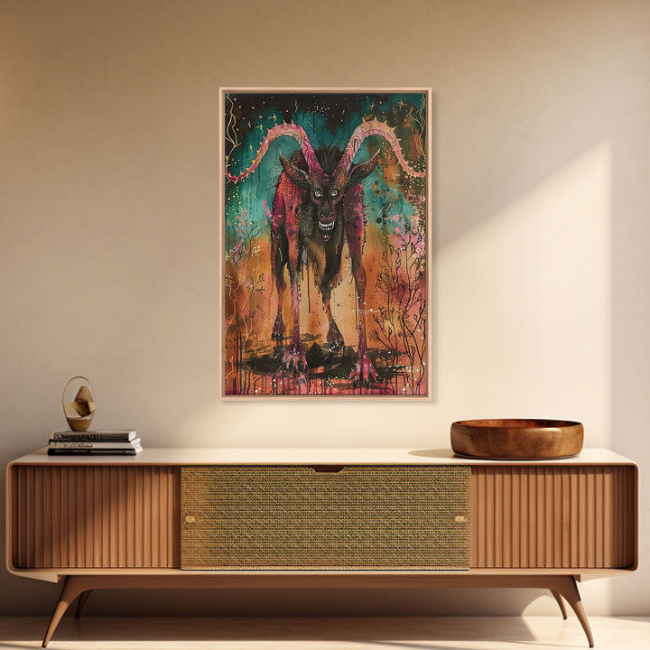 Spooky Goat Demon in the Woods Framed Canvas Print, Halloween Art, Creepy Wall Art Spooky Home Decor, Scary Art Mysterious Living Room Decor