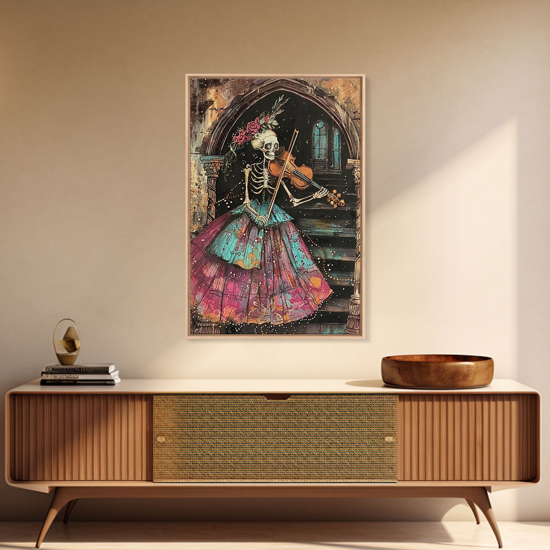 Elegant Skeleton Violinist in Gown Framed Canvas Print, Halloween Art, Creepy Wall Art, Spooky Home Decor, Art, Vintage Living Room Decor