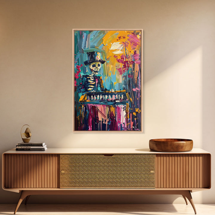 Colorful Skeleton with Top Hat Framed Canvas Print, Halloween Art, Creepy Wall Art, Spooky Home Decor, Scary Art, Vibrant Living Room Decor