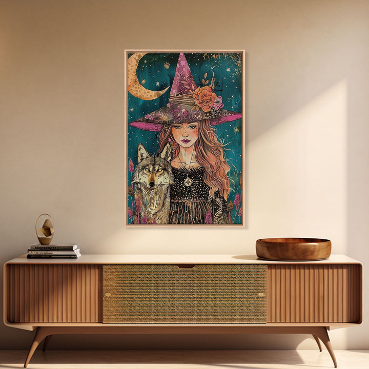 Cottage Core Witch Portrait Framed Canvas Print, Witch Art, Witch and Wolf Familiar, Colorful Springtime Witch Art