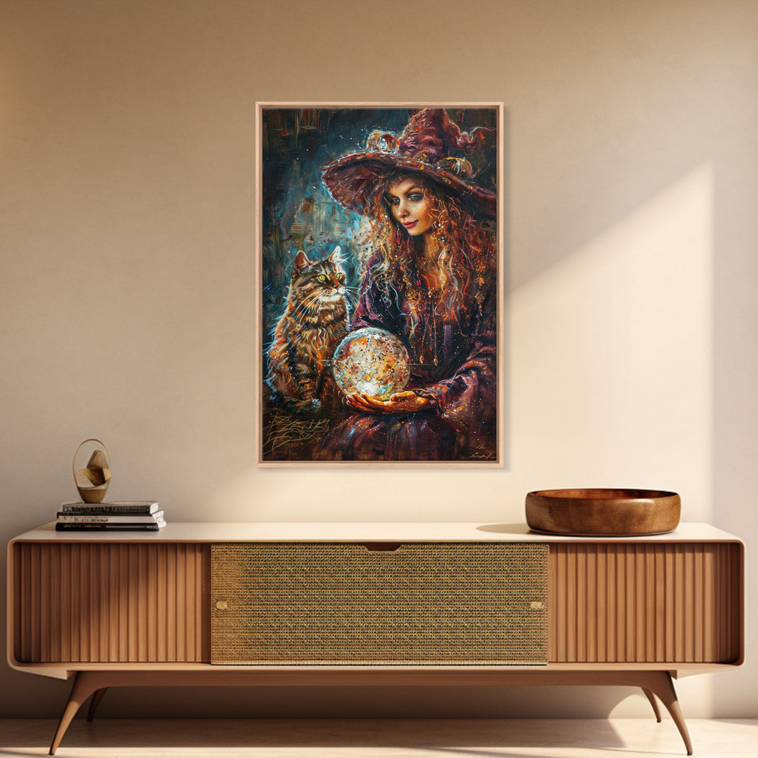 Enchanting Witch with Crystal Ball, Framed Canvas Print, Mystical Halloween Art, Spooky Witch Decor, Witchcraft Illustration, Magical Decor