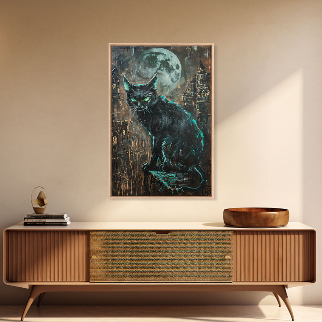 Black Cat with Piercing Green Eyes, Framed Canvas Print, Spooky Cat Art, Witchy Feline Decor, Halloween Wall Art, Gothic Cat Decor