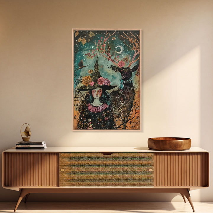 Elegant Witch with Tortoise - Halloween Art, Gothic Art, Spooky Decor, Dark Nature Art, Haunting Portrait, Framed Canvas Print