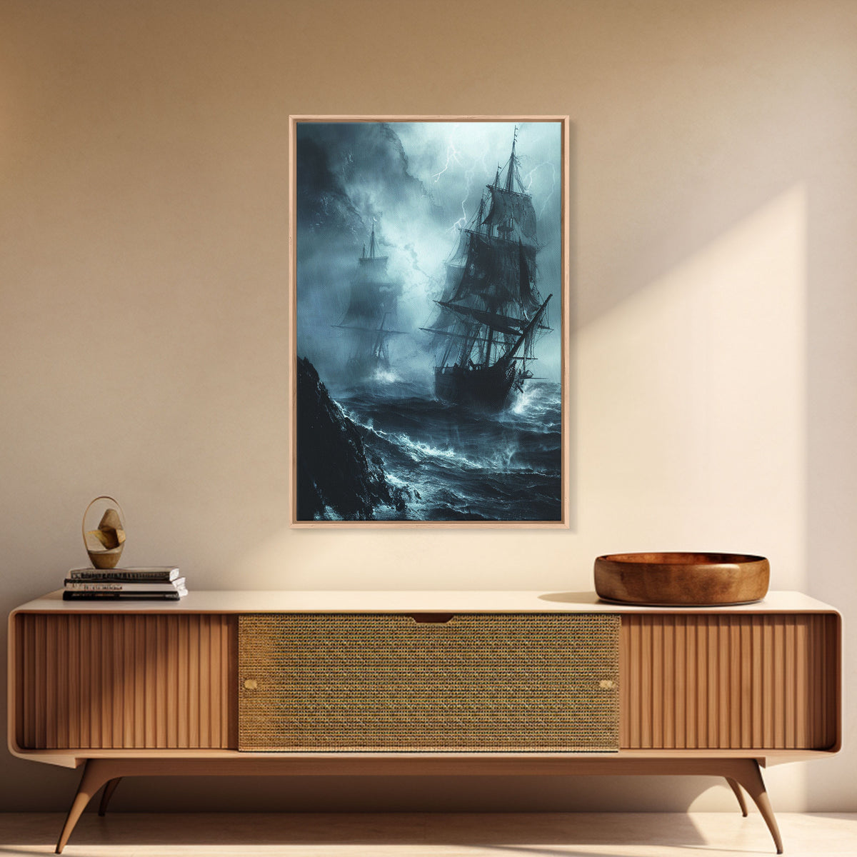 Ghost Ship in Storm Halloween Art, Spooky Maritime, Haunted Ocean, Creepy Seascape, Stormy Night, Framed Canvas Print
