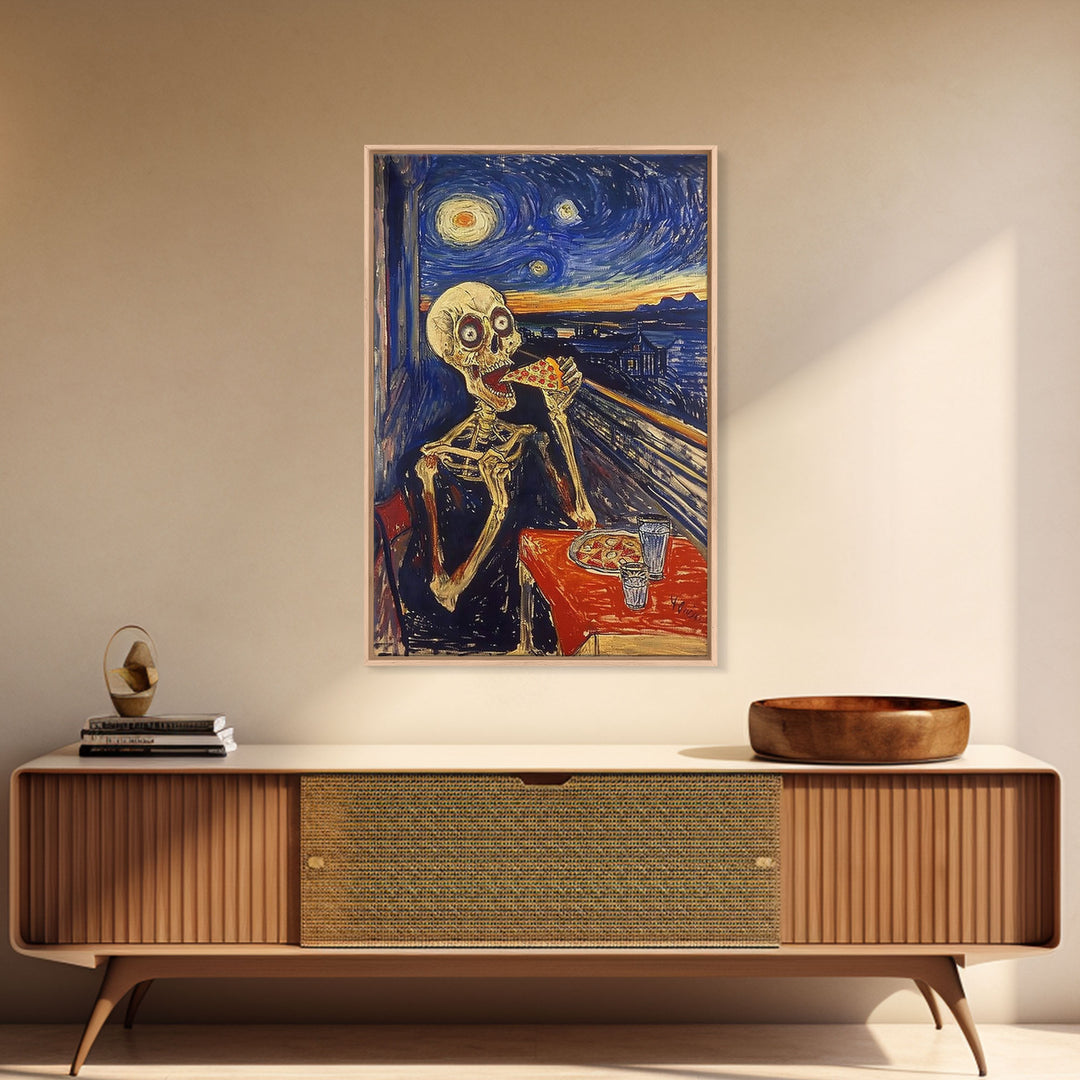 Spooky Skeleton Dude Eatin' a Pizza, Starry Night Inspired Funny Halloween Art, Framed Canvas Print