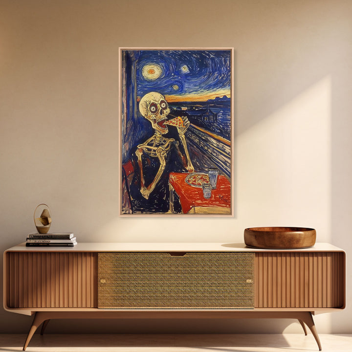 Spooky Skeleton Dude Eatin' a Pizza, Starry Night Inspired Funny Halloween Art, Framed Canvas Print