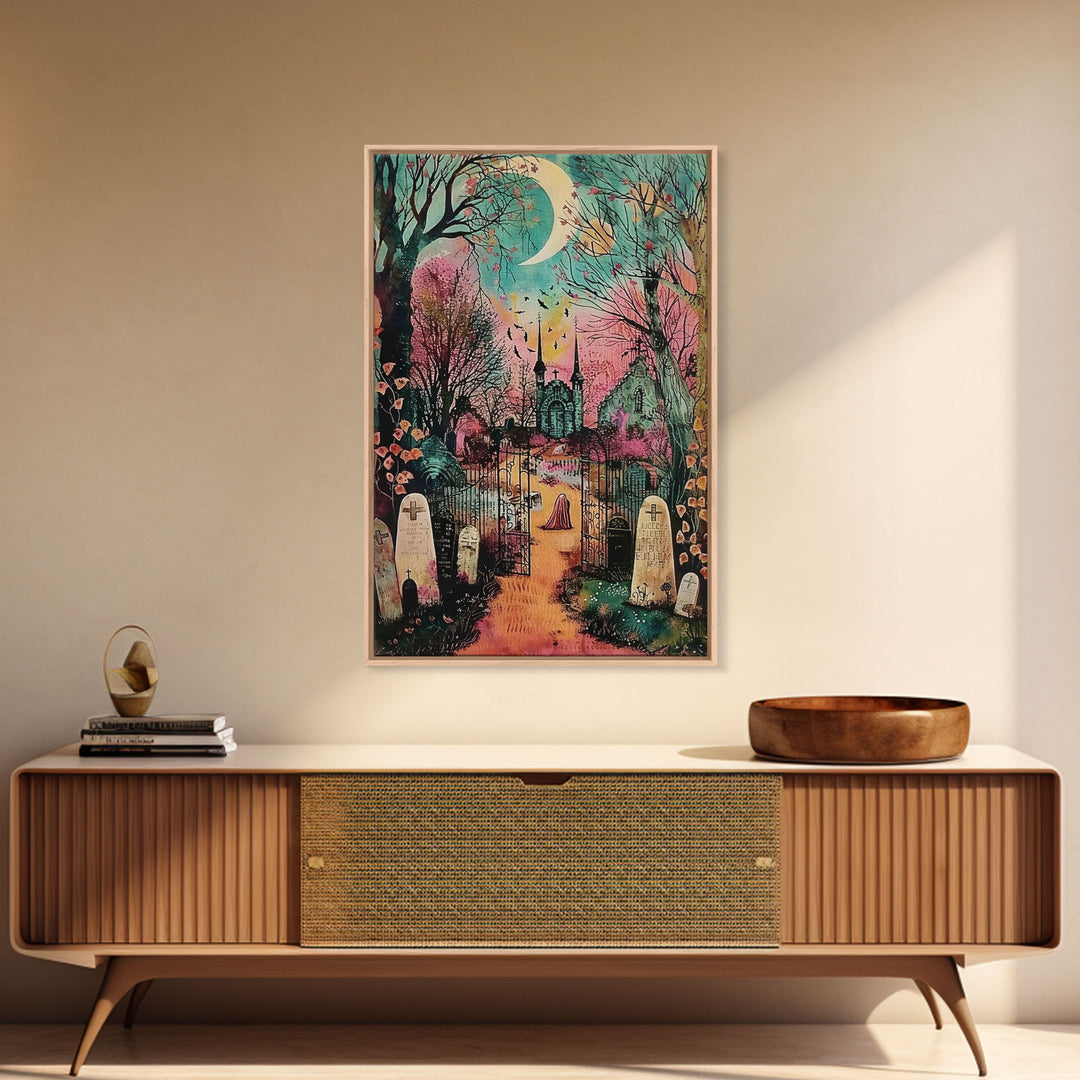 Creepy Moonlit Trees Framed Canvas Print, Haunted Forest Art, Halloween Night Scene, Eerie Woods Decor, Spooky Artwork, Framed Canvas Print