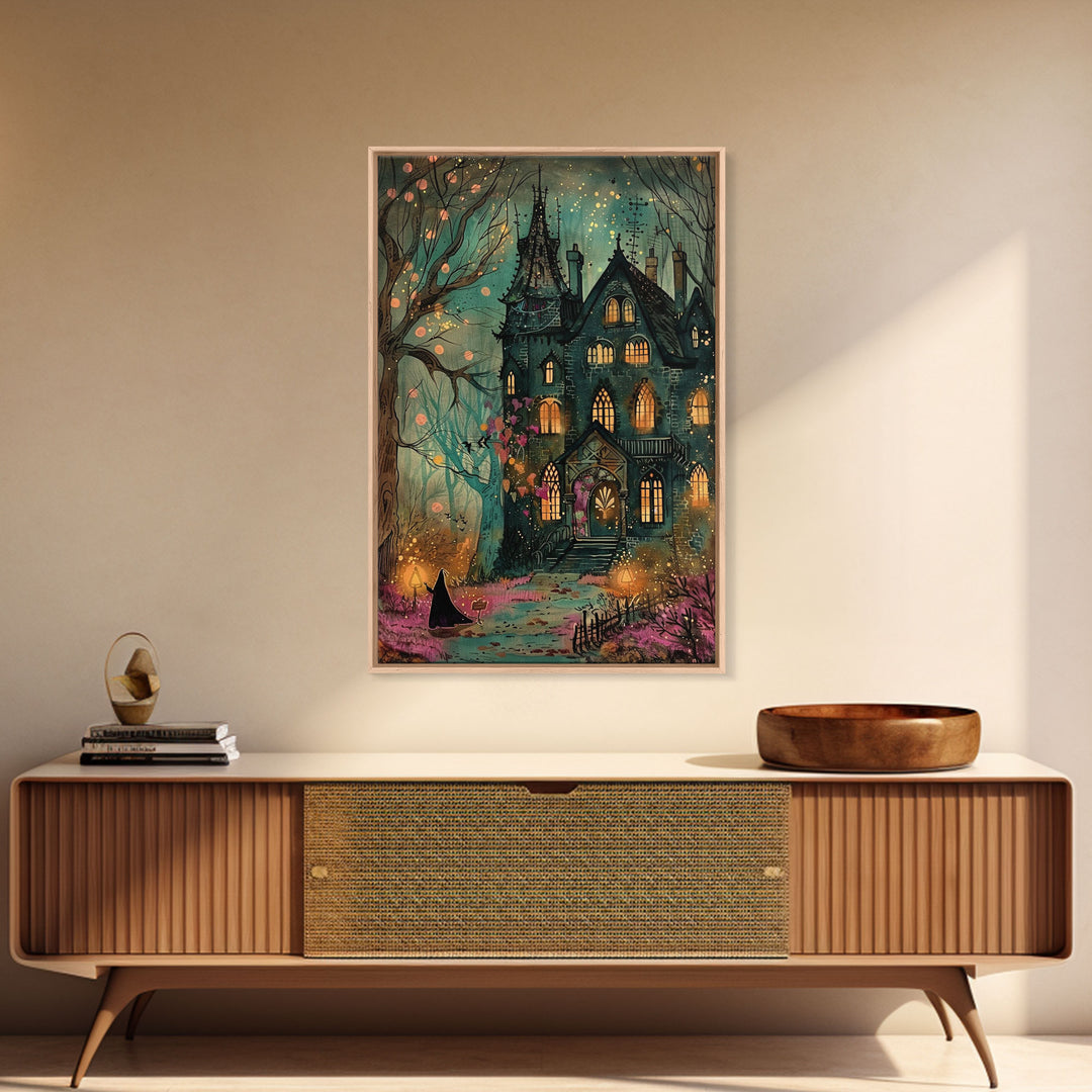 Haunted Mansion On Halloween, Framed Canvas Print, Spooky Vibes Wall Art