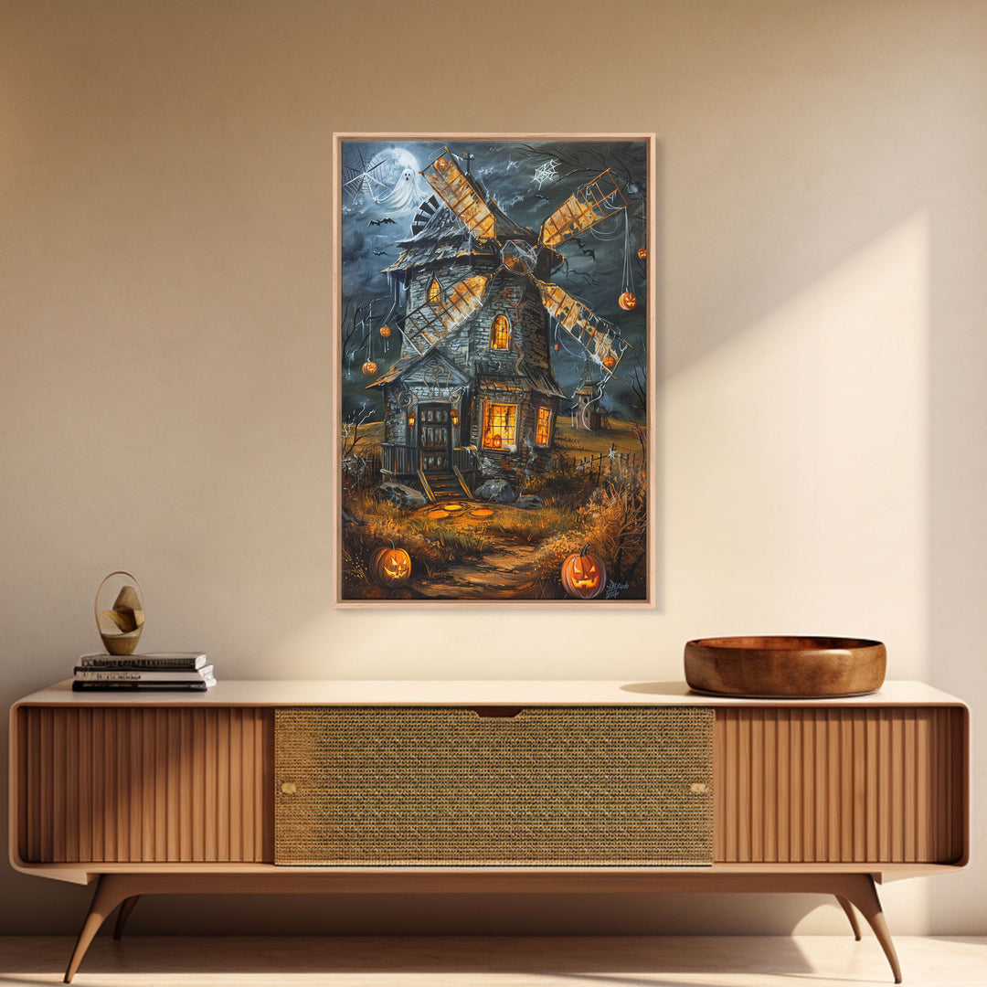 Spooky Windmill with Pumpkins Framed Canvas Print, Wall Art, Halloween Home Decor, Haunted Windmill Painting, Eerie Artwork, Halloween