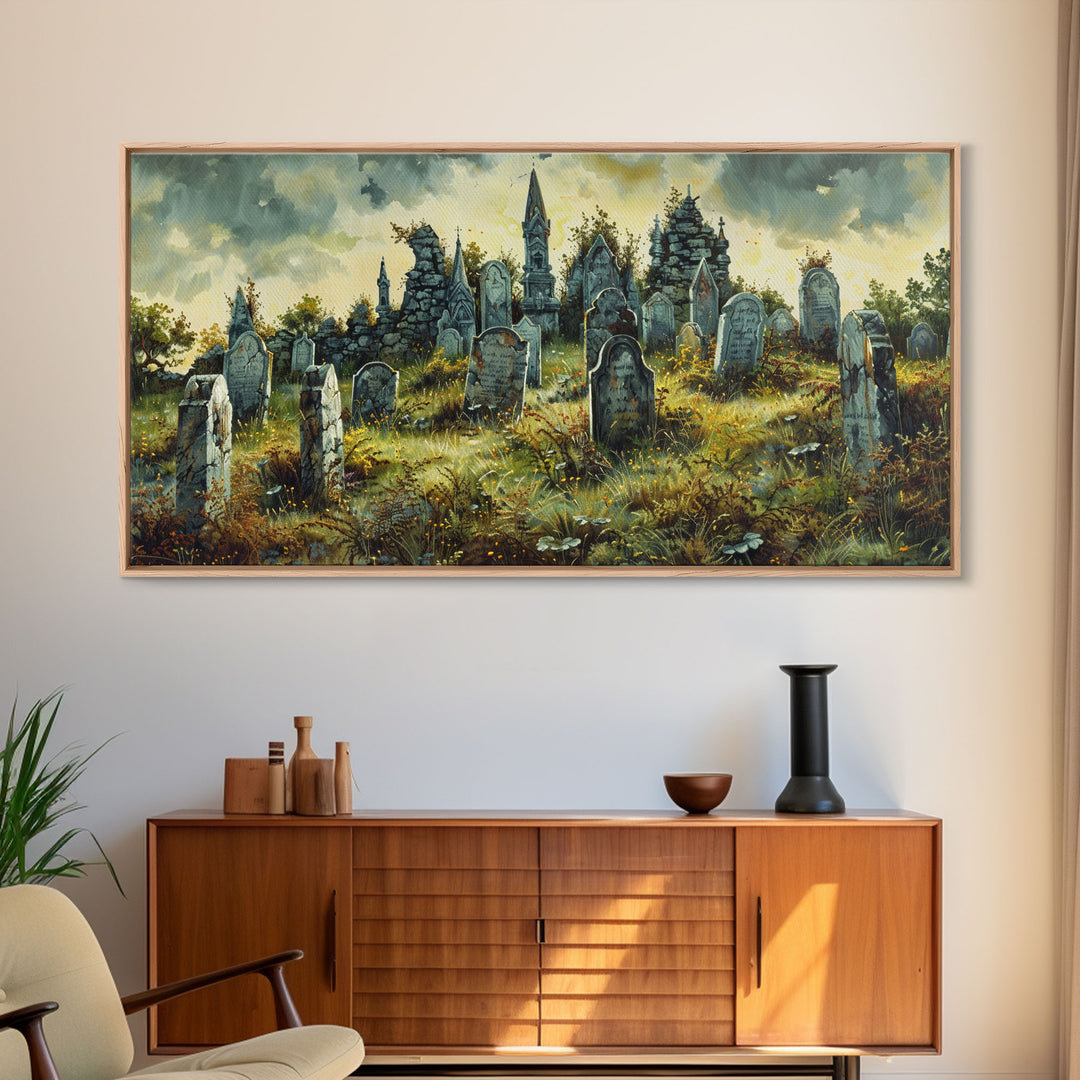 Haunted Cemetery Halloween Prop Framed Canvas Print | Spooky Season | Spooky Wall Art | Halloween Decor | Creepy Art Prints