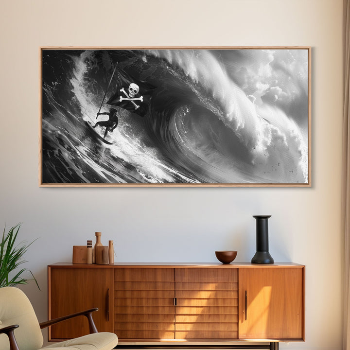 Pirate Surf - Framed Canvas Print - Black & White Photography Style Wall Art - Skull and Cross Bones Wall Art - Manly Decor - Mancave