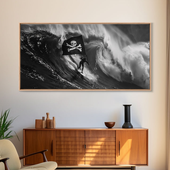 Surfer Waving A Skull and Crossbones Flag While Surfing - Framed Canvas Print - Cool Modern Art - Office / Mancave Decor Gift For Him