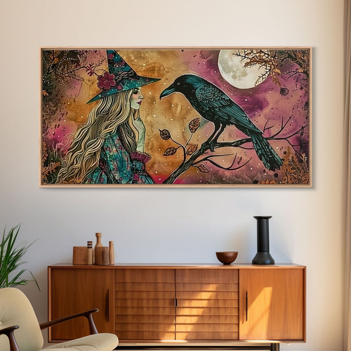 Cottagecore Witch & Raven, Springtime Witch, Halloween Art, Framed Canvas Print, Halloween Accessories, Halloween Decor