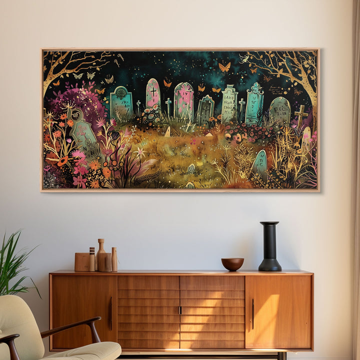 Colorful Haunted Grave Yard In The Spring Time, Framed Canvas Print, Spooky Wall Art, Halloween Spooky Season Decor