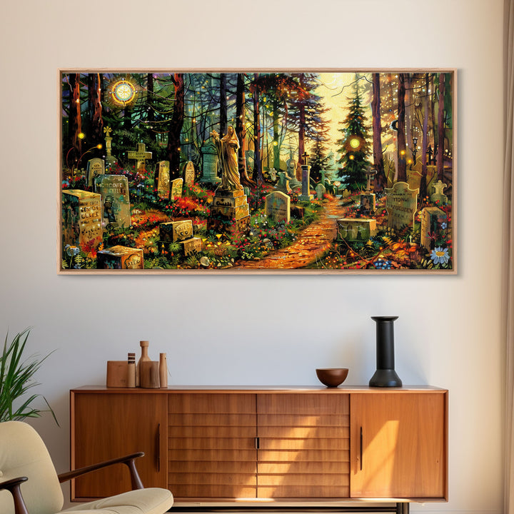 Colorful Haunted Grave Yard In The Spring Time, Framed Canvas Print, Spooky Wall Art, Halloween Spooky Season Decor
