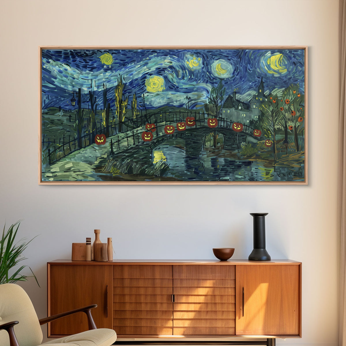 London at Midnight, Framed Canvas Print, Starry Night Inspired Victorian London, Dark Academia Halloween Wall Art