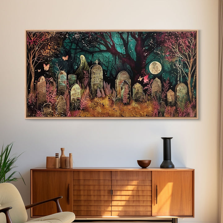 Spooky Cottagecore Mashup, Halloween Decor, Framed Canvas Print, Haunted Grave Yard Halloween Prop