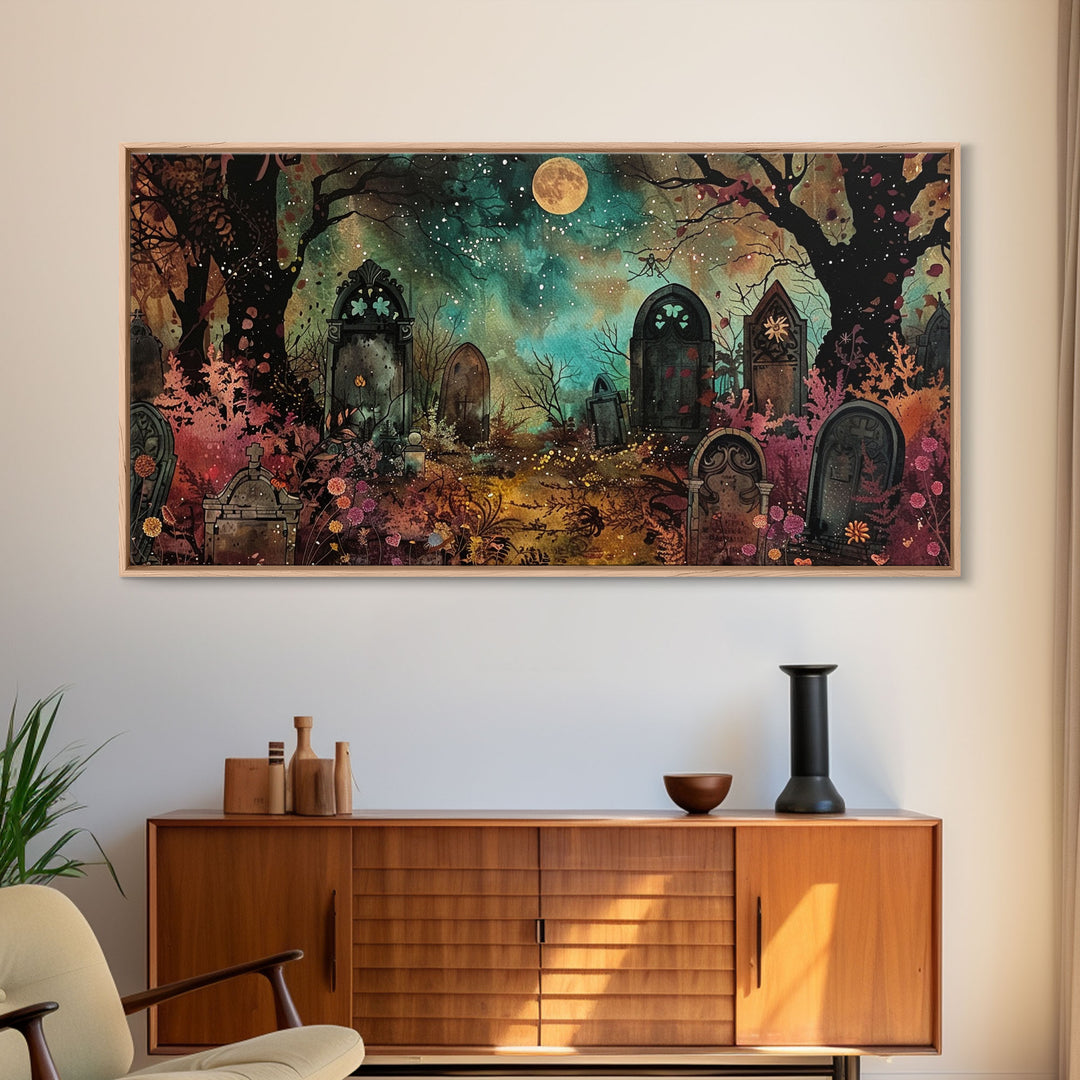 Spooky Cottagecore Mashup, Halloween Decor, Framed Canvas Print, Haunted Grave Yard Halloween Prop