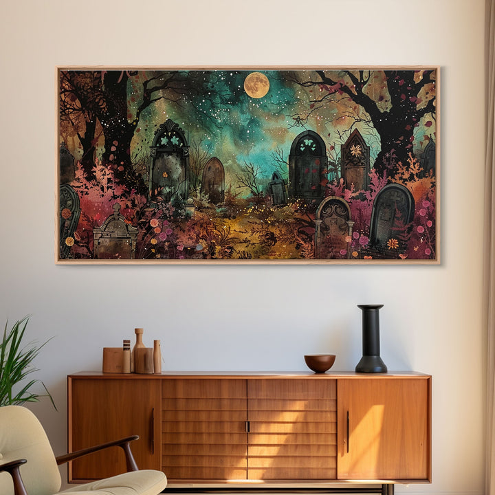 Spooky Cottagecore Mashup, Halloween Decor, Framed Canvas Print, Haunted Grave Yard Halloween Prop