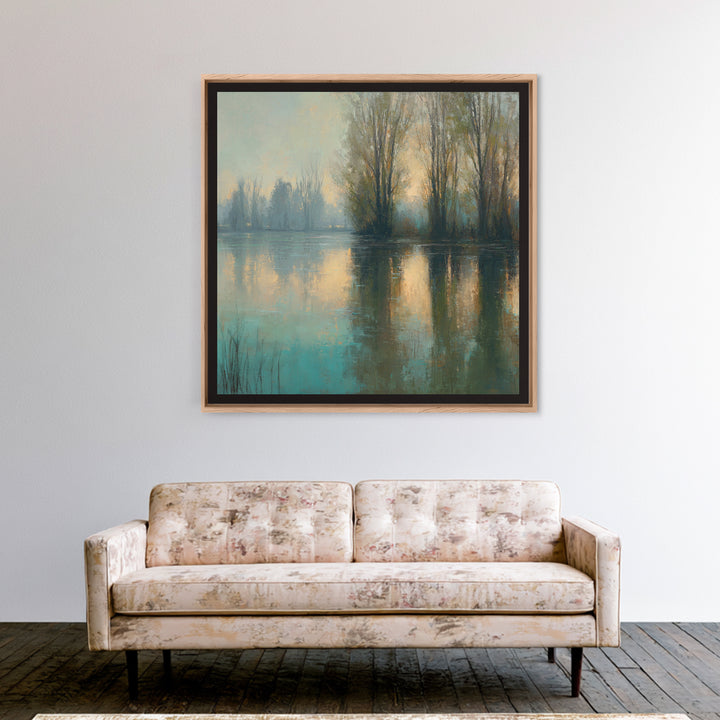 Misty Riverbank with Willow Trees Framed Canvas Print, Impressionist Art, Living Room Decor, Impression, Landscape Art, IMP-1x1-11