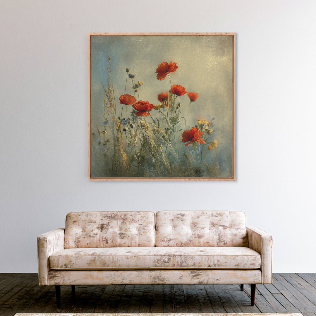 Poppies Blowing Through Green Grass Framed Canvas Print, Impressionist Art, Painting, Living Room Decor, Fine Art, Impression, IMP-1x1-12