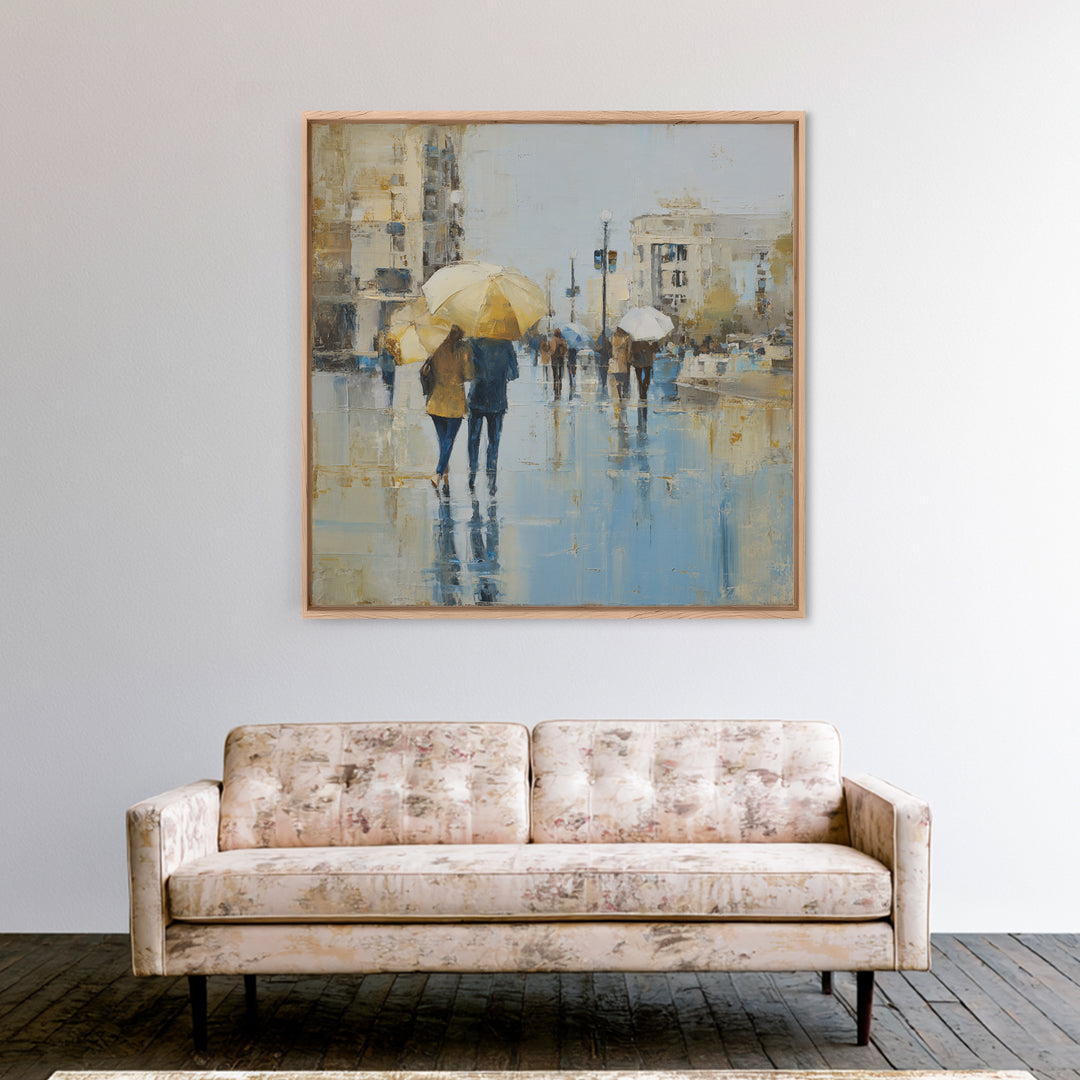 Rainy Boulevard with Umbrella Shapes Framed Canvas Print, Impressionist Art, Neutral Decor, Living Room Decor, Impression, IMP-1x1-21