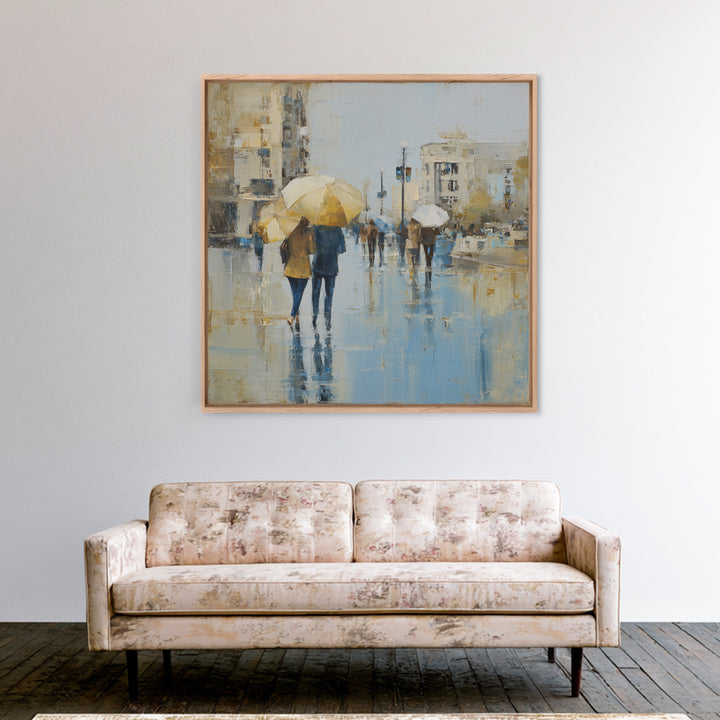 Rainy Boulevard with Umbrella Shapes Framed Canvas Print, Impressionist Art, Neutral Decor, Living Room Decor, Impression, IMP-1x1-21