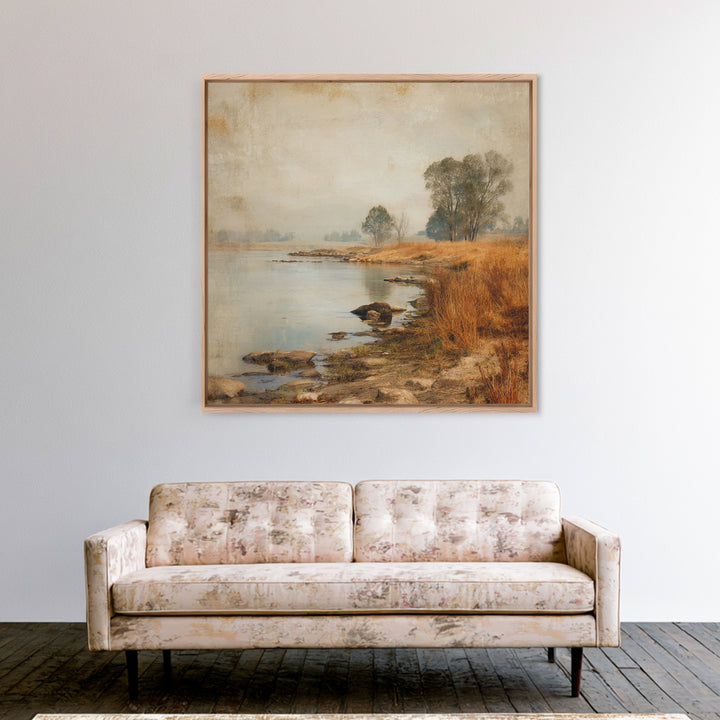 Misty Riverbank with Willow Trees Canvas Print, Impressionist Art, Coastal Wall Art, Living Room Decor, Fine Art, Impression, IMP-1x1-35