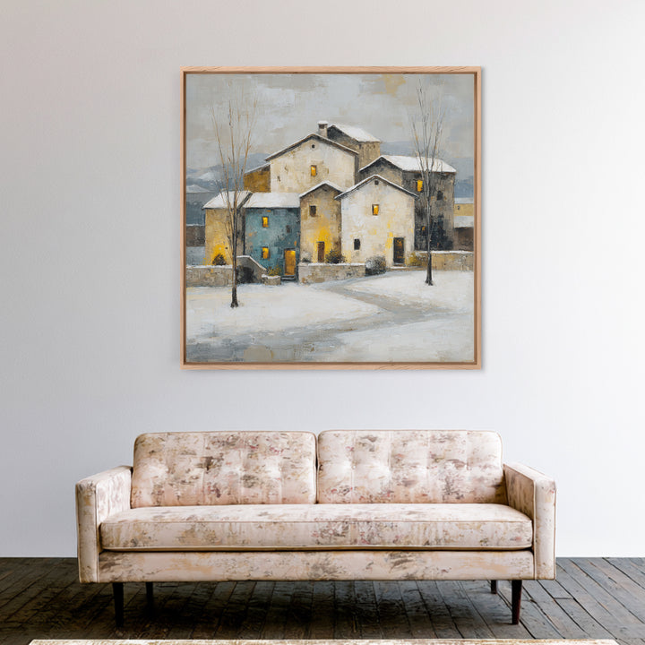 Snowy Village with Warm Glowing Windows Framed Canvas Print, Impressionist Art, Boho Decor, Living Room Decor, Oil Painting, IMP-1x1-37