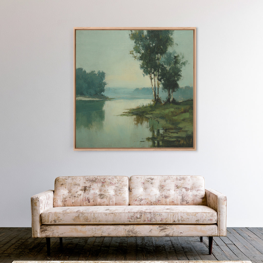 Misty Riverbank with Willow Trees Canvas Print, Impressionist Art, Gallery Decor, Living Room Decor, Fine Art, Impression, IMP-1x1-59