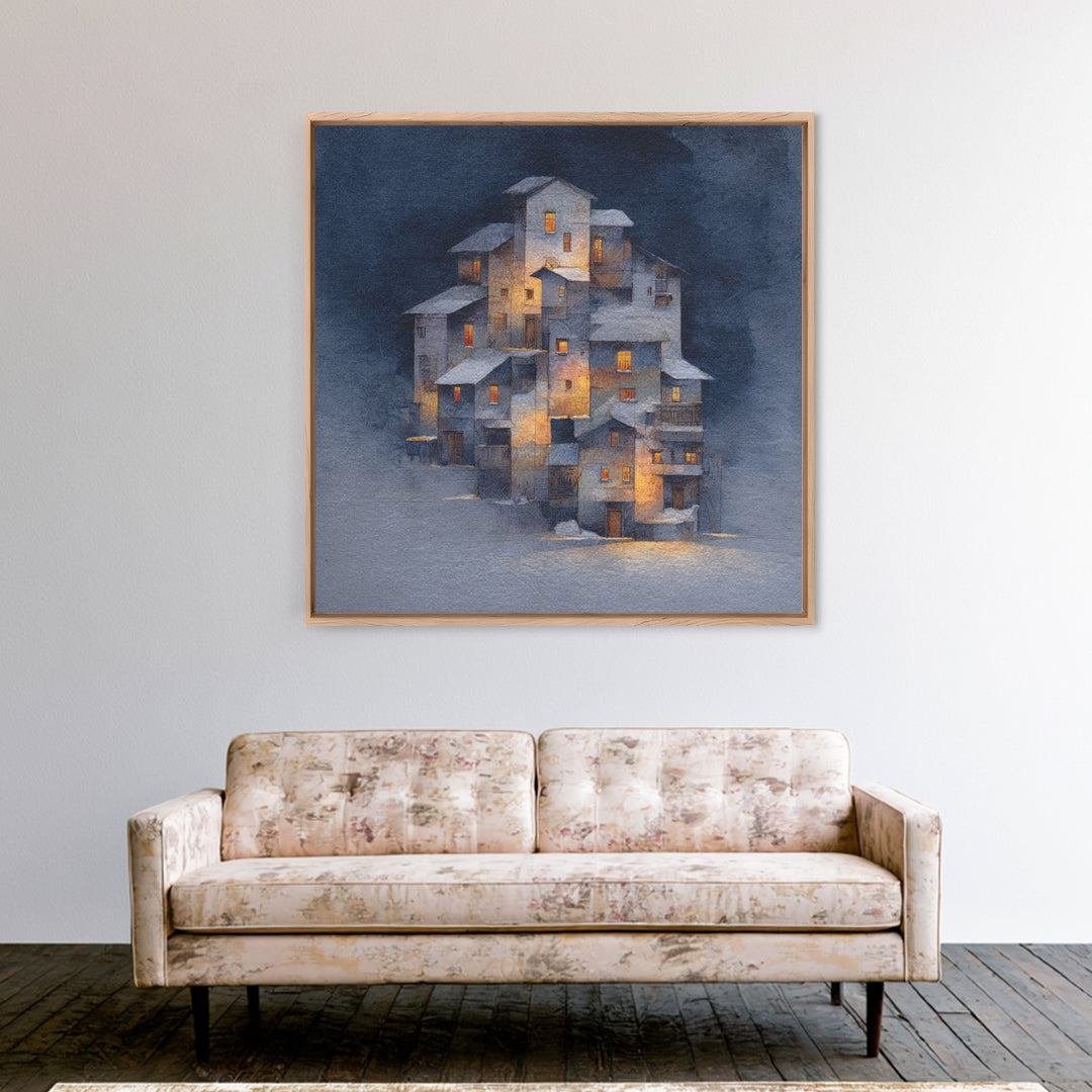 Snowy Village with Warm Glowing Windows Framed Canvas Print, Impressionist Art, Boho Decor, Living Room Decor, Oil Painting, IMP-1x1-61