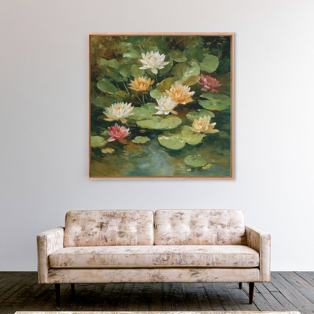 Water Lilies Floating on a Sunlit Pond Framed Canvas Print, Impressionist Art, Living Room Decor, Watercolor Art, Impression, IMP-1x1-73