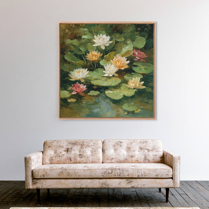 Water Lilies Floating on a Sunlit Pond Framed Canvas Print, Impressionist Art, Living Room Decor, Watercolor Art, Impression, IMP-1x1-73