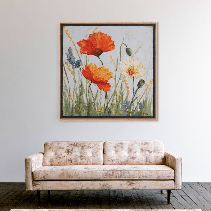 Poppies Blowing Through Green Grass Framed Canvas Print, Impressionist Art, Landscape Art, Living Room Decor, Abstract Art, IMP-1x1-84