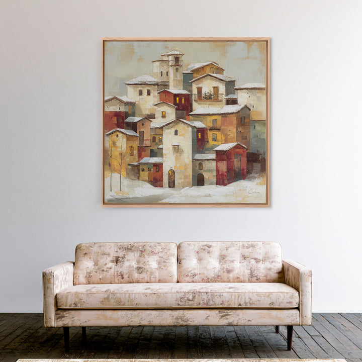 Snowy Village with Warm Glowing Windows Canvas Print, Impressionist Art, Minimalist Decor, Living Room Decor, Impression, IMP-1x1-85