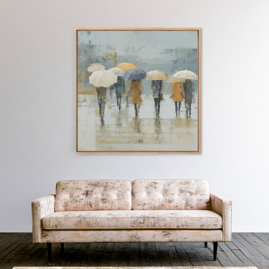 Rainy Boulevard with Umbrella Shapes Framed Canvas Print, Impressionist Art, Wall Art, Living Room Decor, Abstract Art, IMP-1x1-93