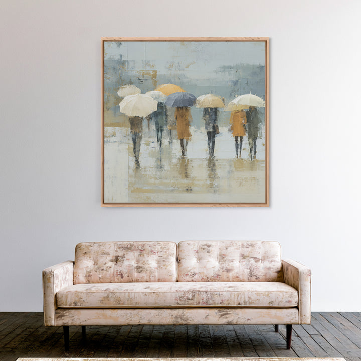Rainy Boulevard with Umbrella Shapes Framed Canvas Print, Impressionist Art, Wall Art, Living Room Decor, Abstract Art, IMP-1x1-93